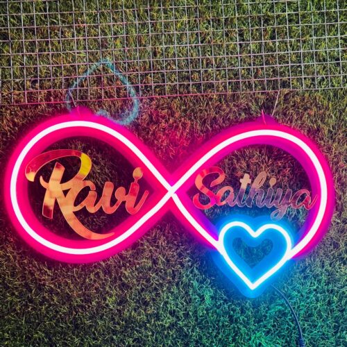 The image features a personalized infinity neon sign, highlighting its romantic appeal and customization options, perfect for special occasions or home decor.