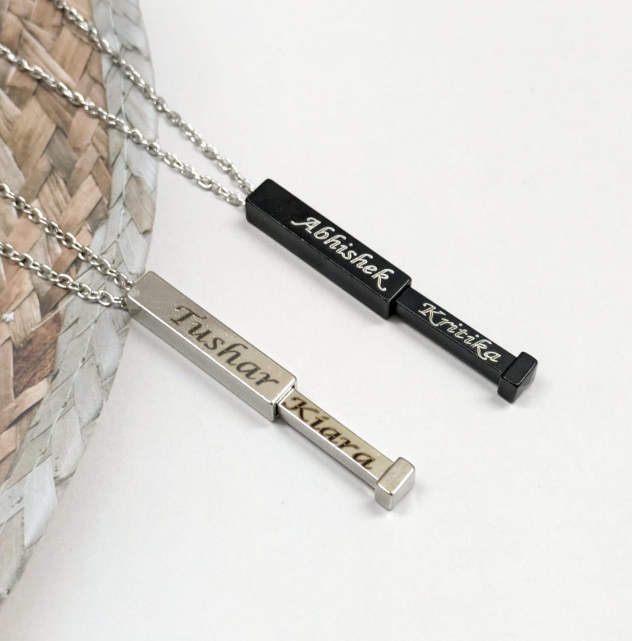 Introducing our Hidden Name Bar Pendant: a sleek design with a surprise twist.