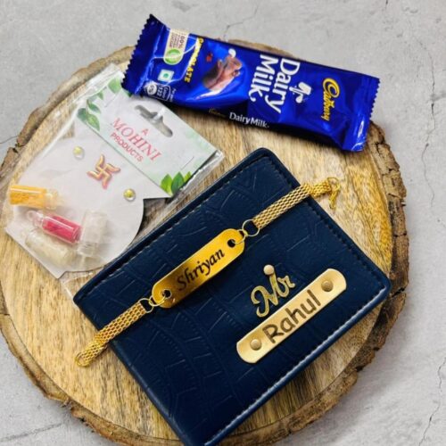 Rakhi Gifts, Rakshabandhan, Bracelet Name Rakhi, Bracelet Name Rakhi and wallet and chocolate