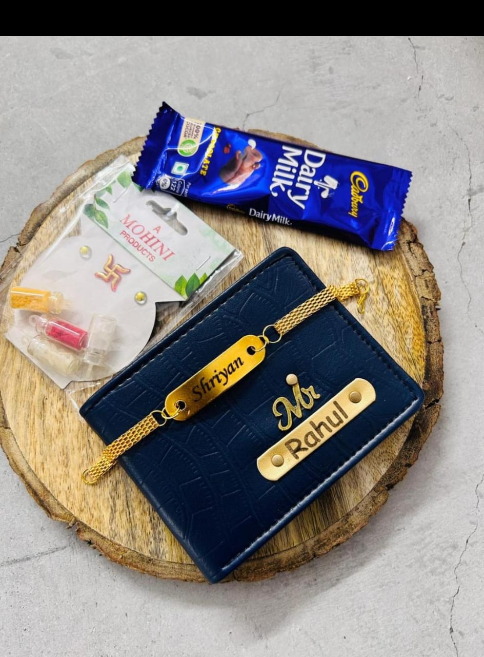 Rakhi Gifts, Rakshabandhan, Bracelet Name Rakhi, Bracelet Name Rakhi and wallet and chocolate