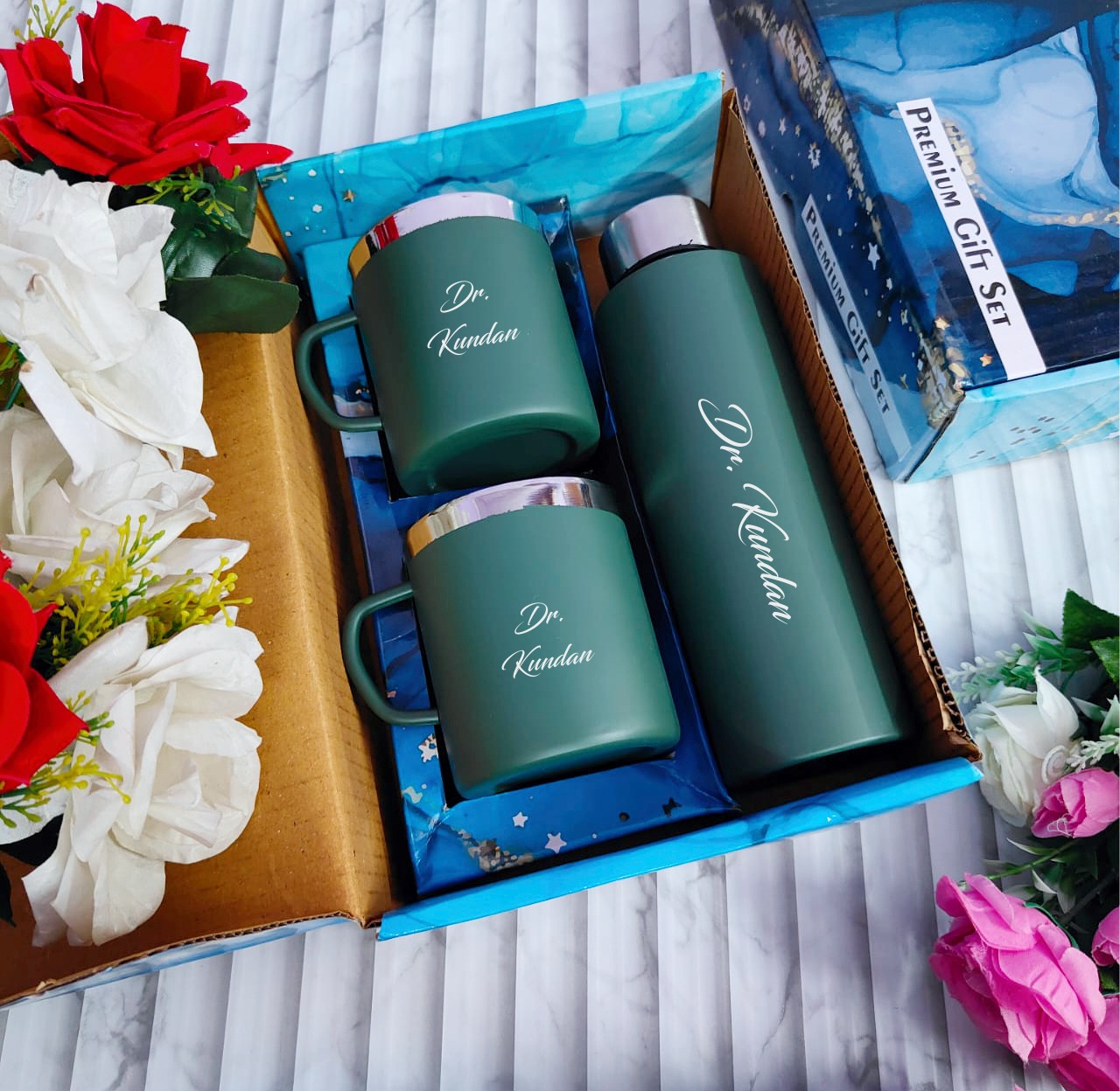 personalised vacuum flask, custom name flask and cup set, personalised gift combo, engraved flask and mug, hot and cold flask gift set, personalised drinkware combo, custom name travel mug set, unique personalised gift, customised thermos flask combo, personalised couple gift set