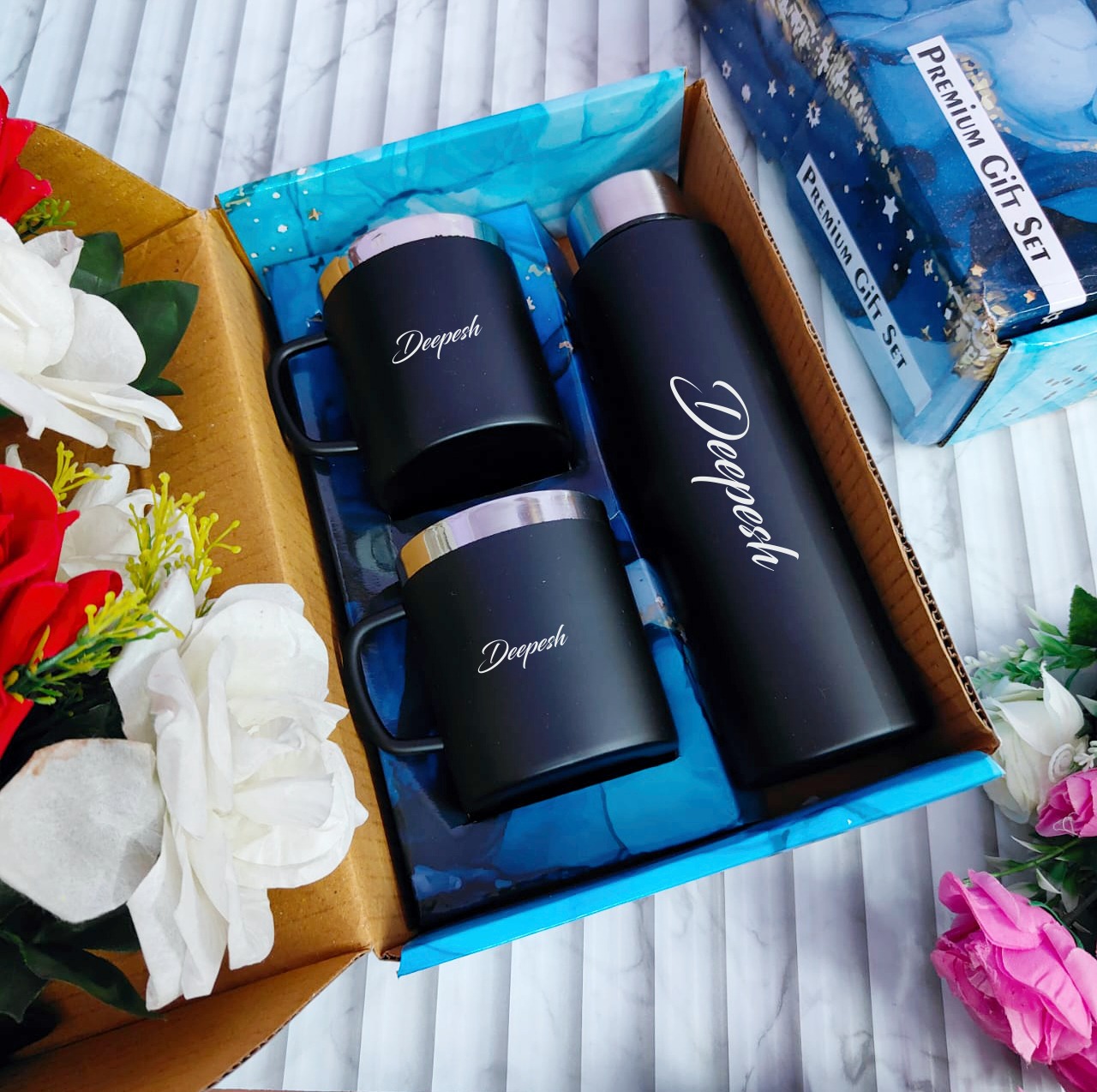 personalised vacuum flask, custom name flask and cup set, personalised gift combo, engraved flask and mug, hot and cold flask gift set, personalised drinkware combo, custom name travel mug set, unique personalised gift, customised thermos flask combo, personalised couple gift set
