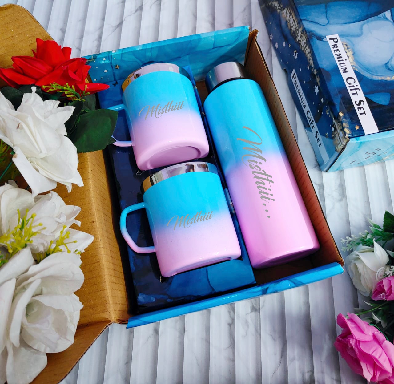 personalised vacuum flask, custom name flask and cup set, personalised gift combo, engraved flask and mug, hot and cold flask gift set, personalised drinkware combo, custom name travel mug set, unique personalised gift, customised thermos flask combo, personalised couple gift set